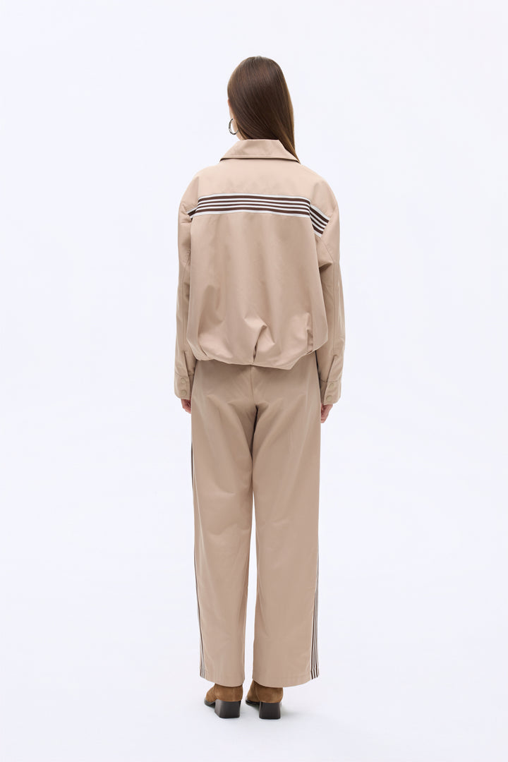 Sırtı Şeritli Gömlek Yaka Oversize Bomber Ceket Bej