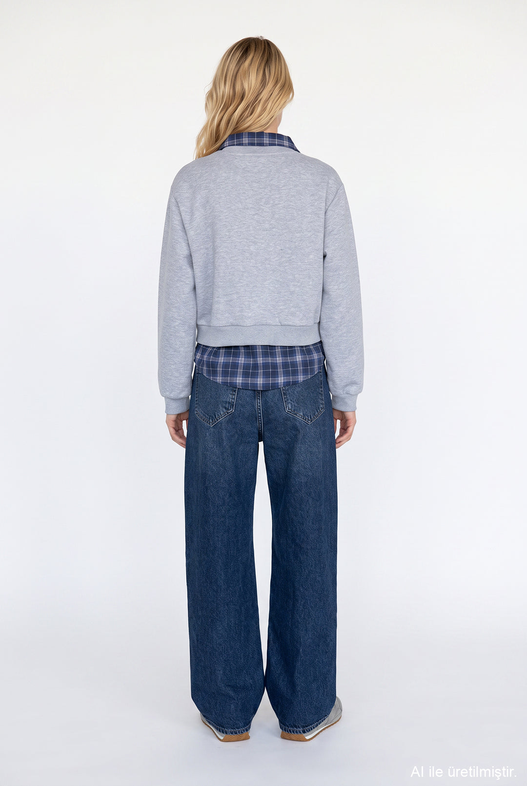 Ekose Garnili New York Yazılı Oversize Sweatshirt Grimelanj