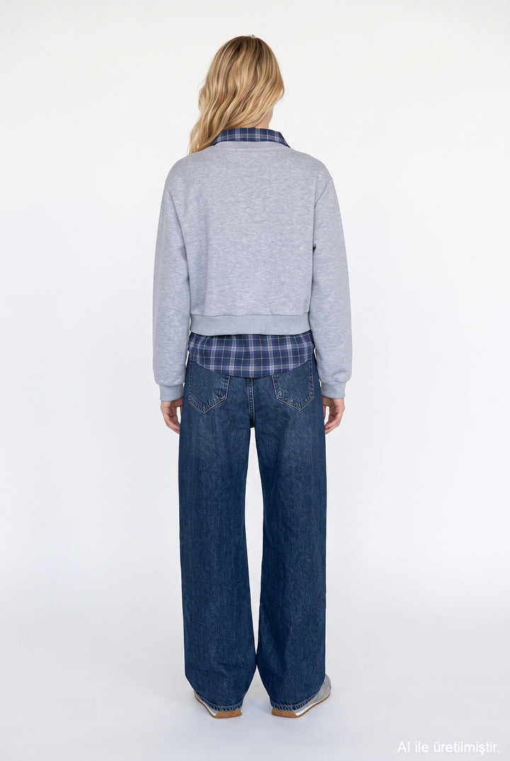 Ekose Garnili New York Yazılı Oversize Sweatshirt Grimelanj