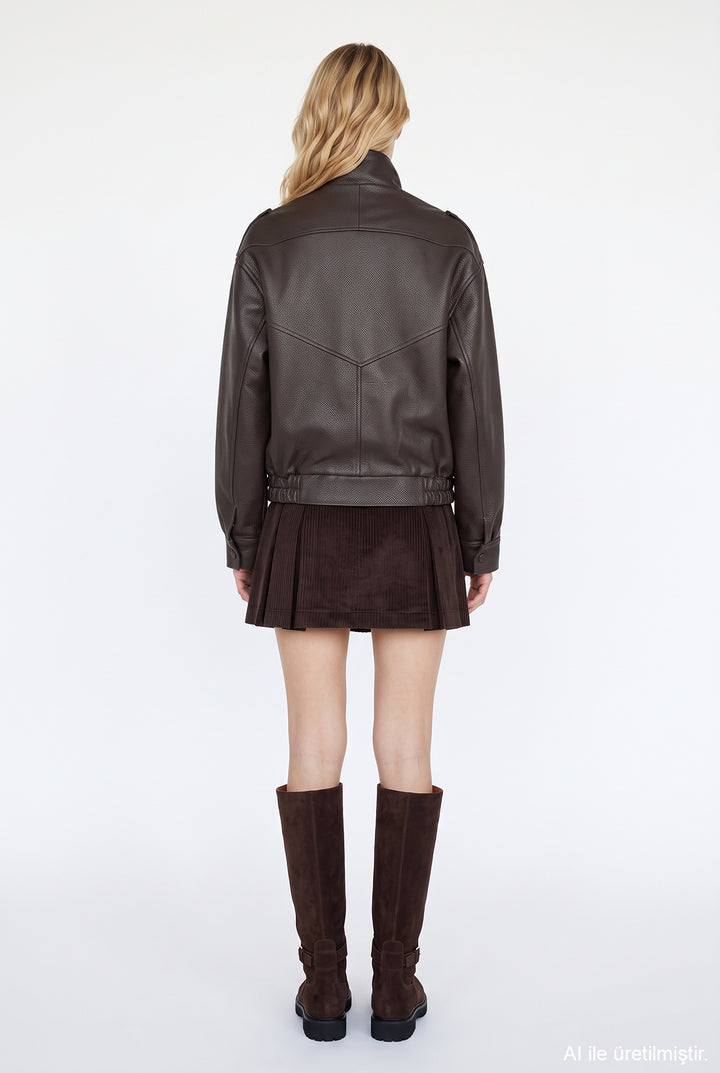 Asimetrik Oversize Bomber Deri Ceket Kahverengi