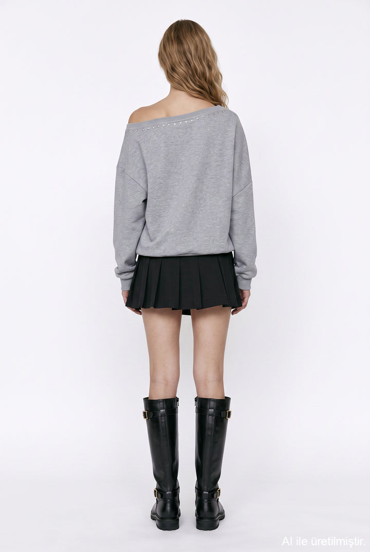 Kayık Yaka Yıldız Baskılı Sweatshirt Grimelanj