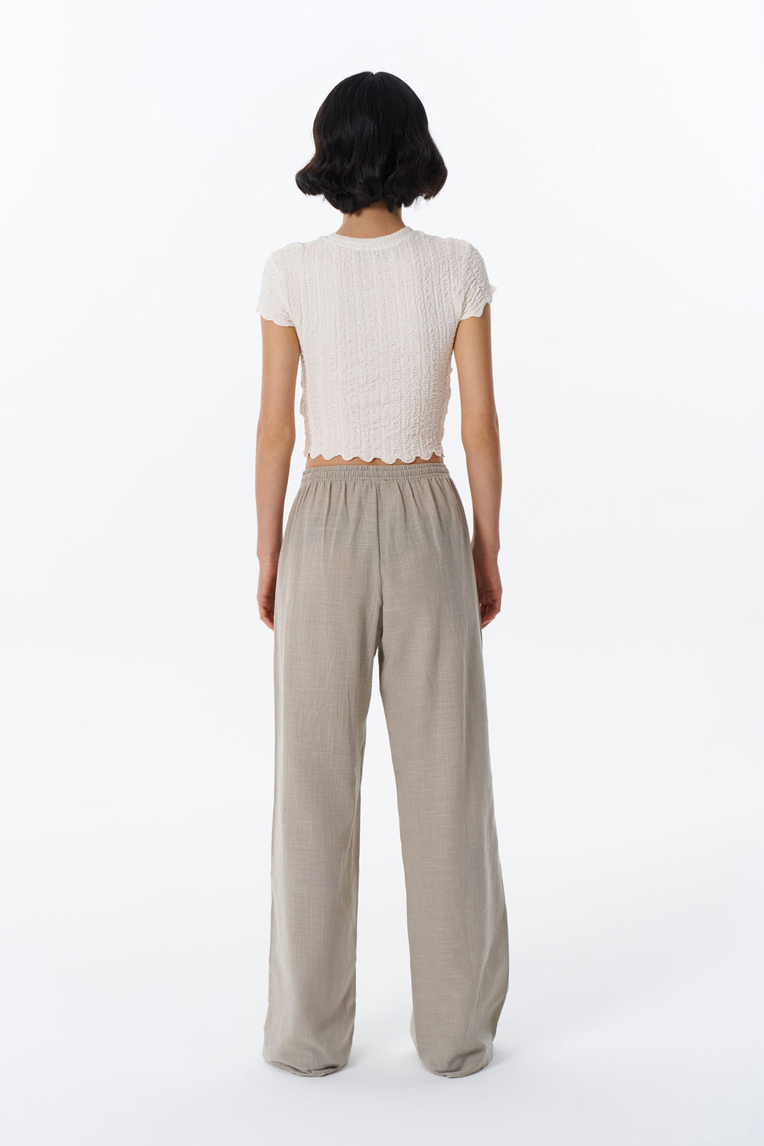 Bağcık Detaylı Beli Lastikli Bol Pantolon Bej