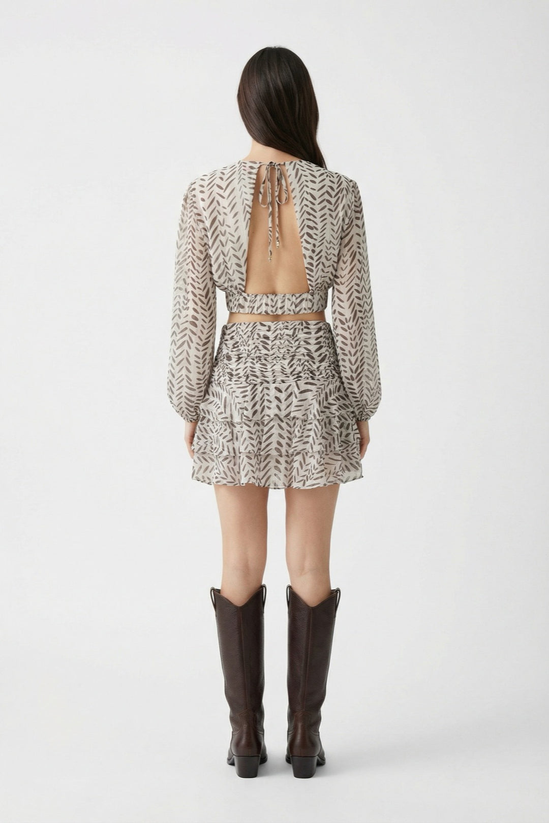 Desenli Fırfırlı Mini Etek Haki