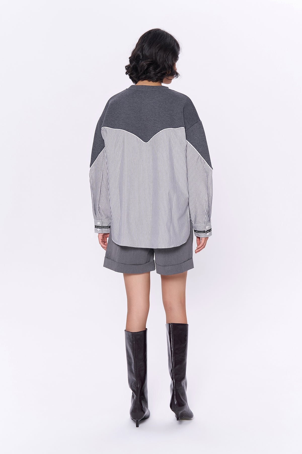 Çizgili Match Oversize Sweatshirt Gri