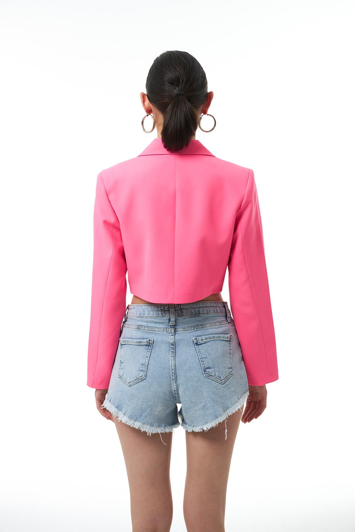 Kruvaze Crop Blazer Ceket Şeker Pembe