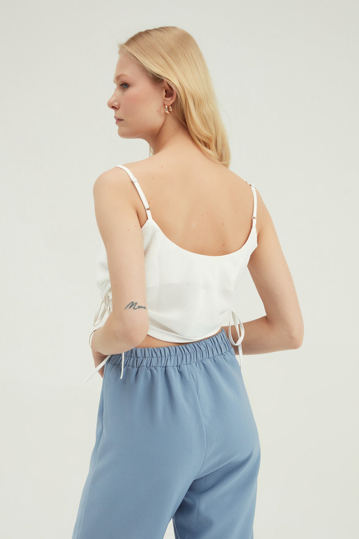 Plunging Collar Pleated Blouse Ecru