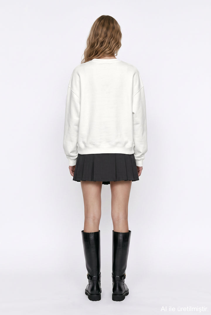Yazı ve At Baskılı Sweatshirt Ekru