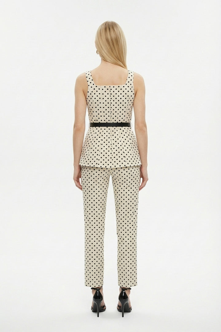 Puantiyeli Kemerli Kare Yaka Bluz Krem