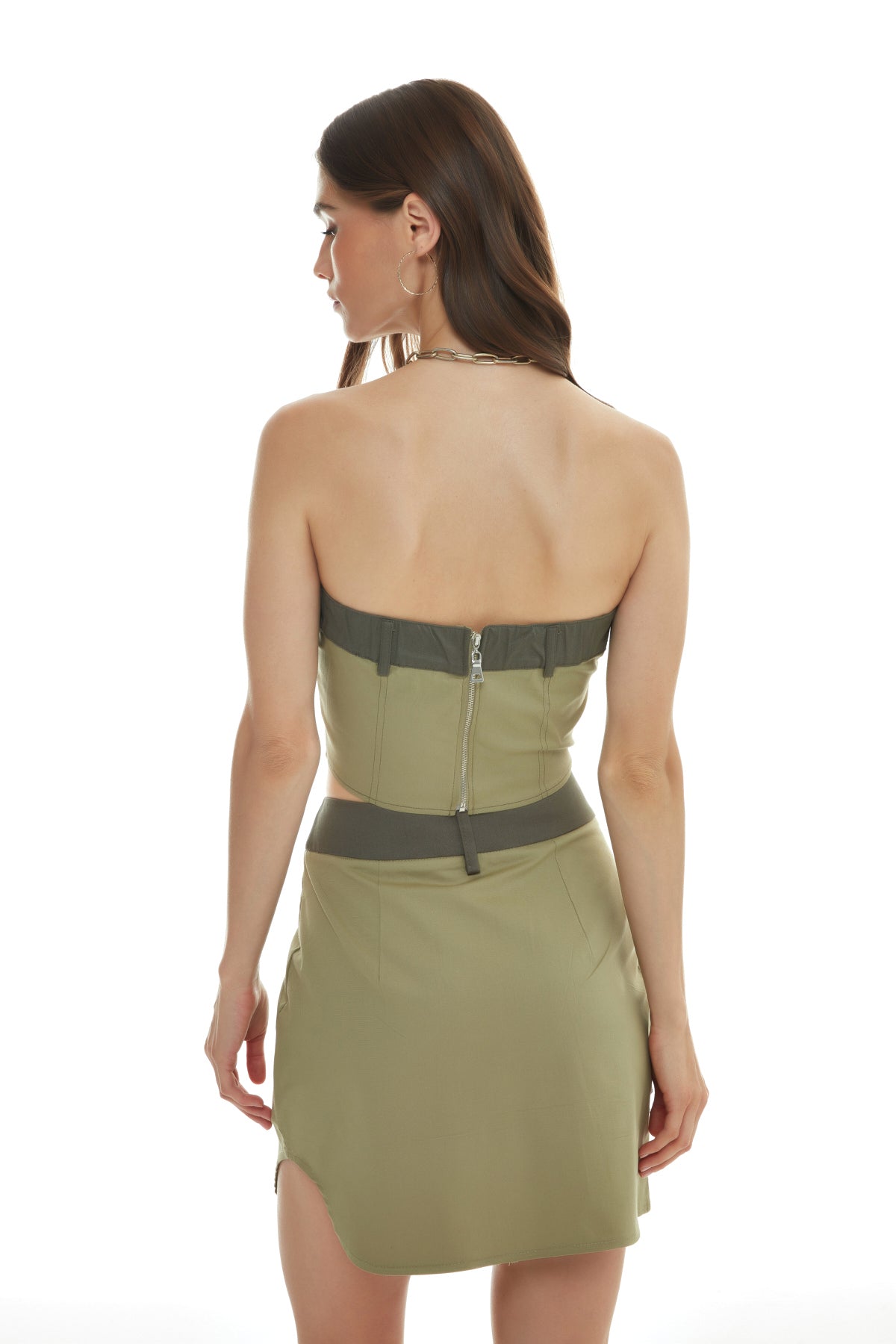 Zipper Back Strapless Blouse Khaki