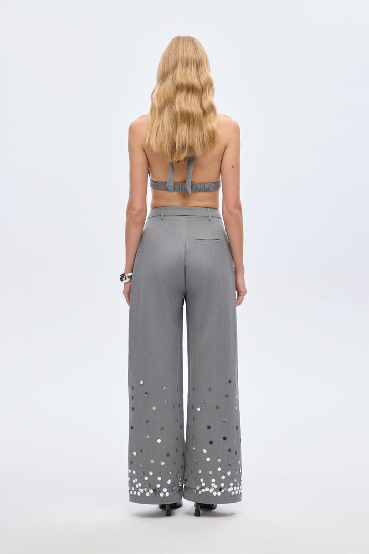 Payet İşlemeli Palazzo Pantolon Gri