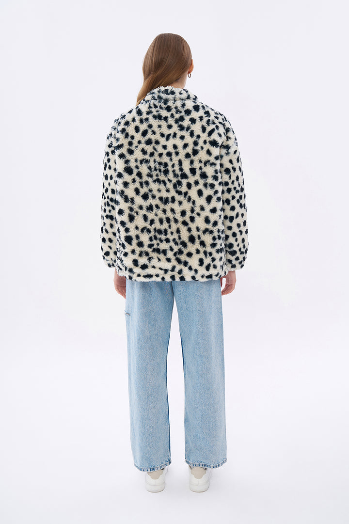 Benekli Fermuarlı Peluş Mont Ekru