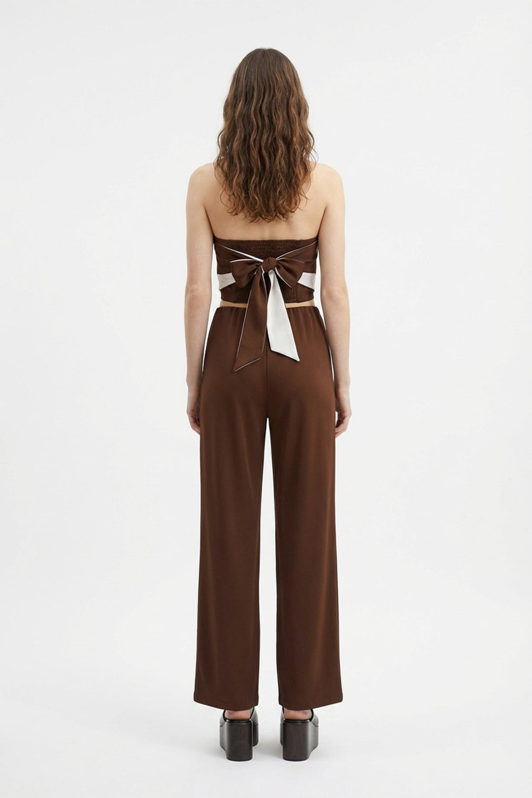 Kontrast Yan Şeritli Bol Paça Pantolon Kahverengi