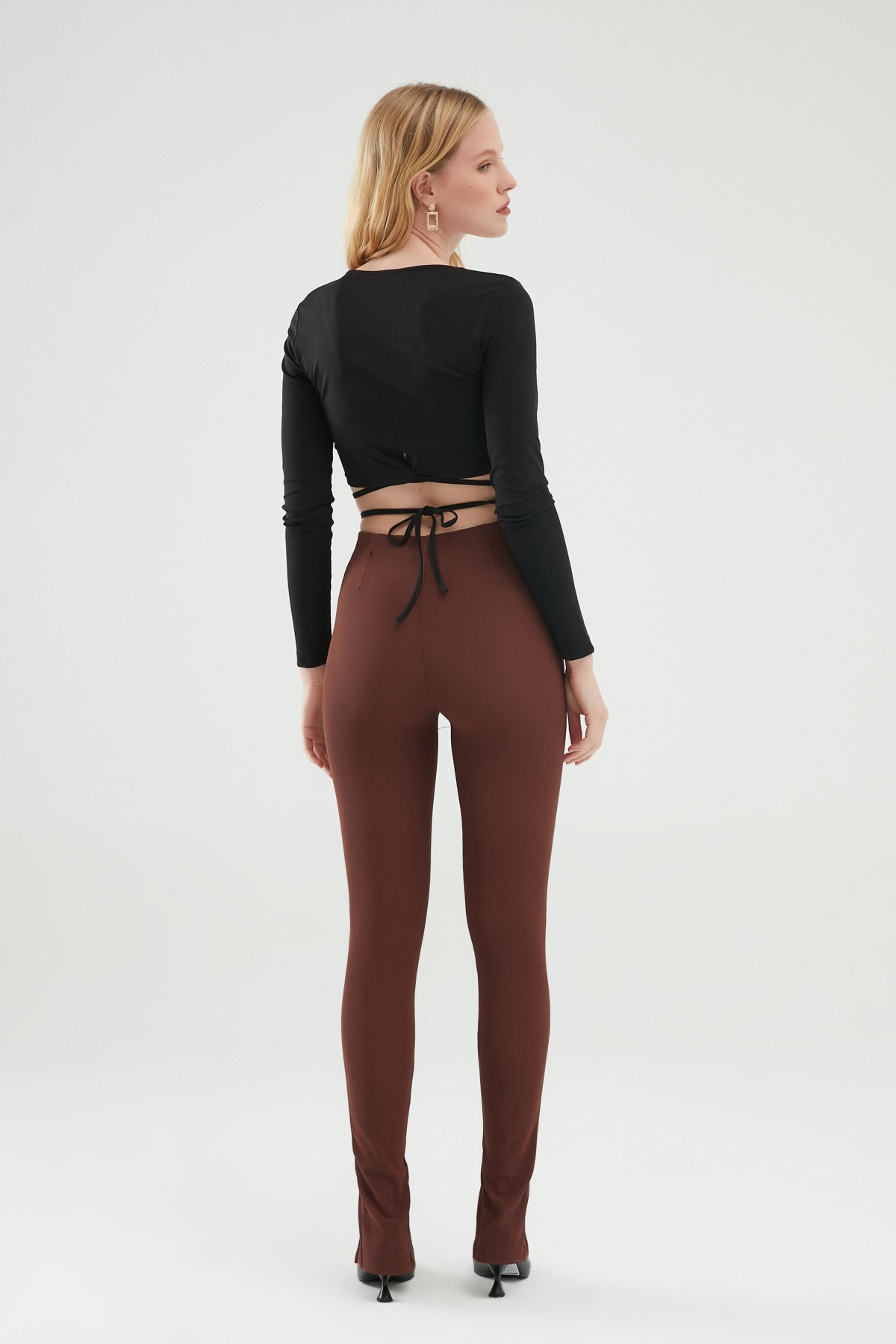 Elastic Waist Slit Trousers Brown