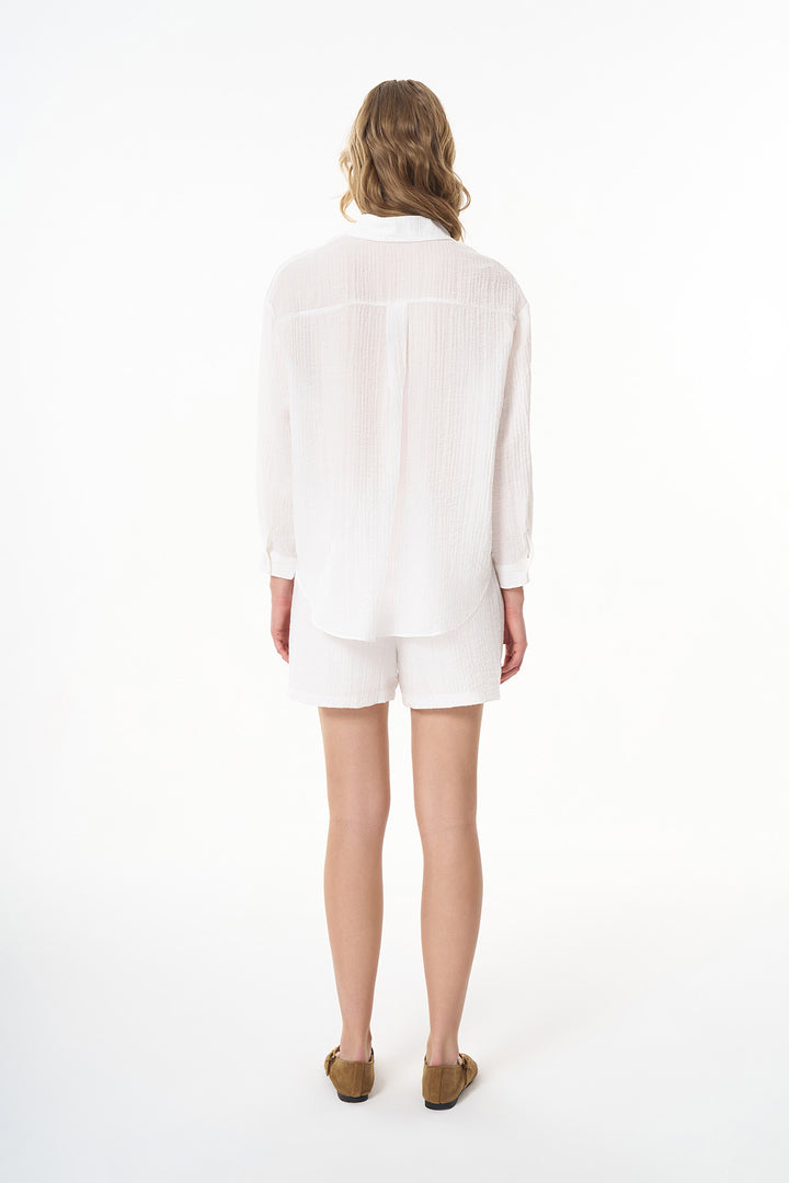 Dokulu Cepli Oversize Basic Gömlek Ekru