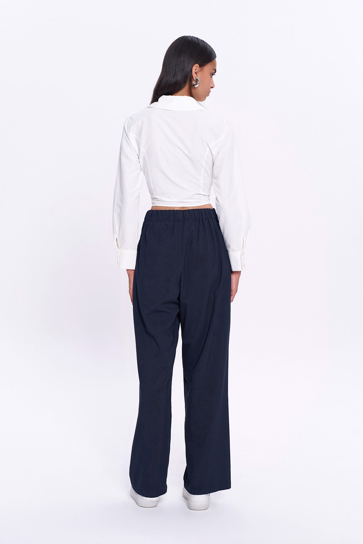 Waist Detailed Wide Leg Fabric Trousers Navy Blue