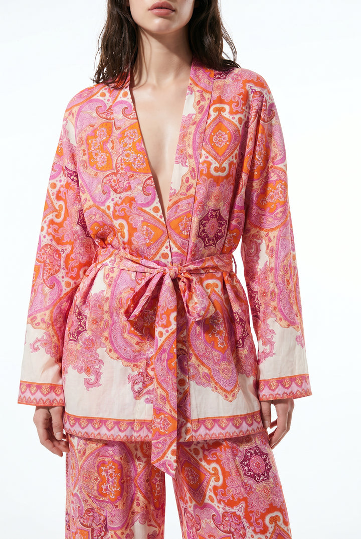 Şal Desenli Kuşaklı Kısa Kimono Pembe