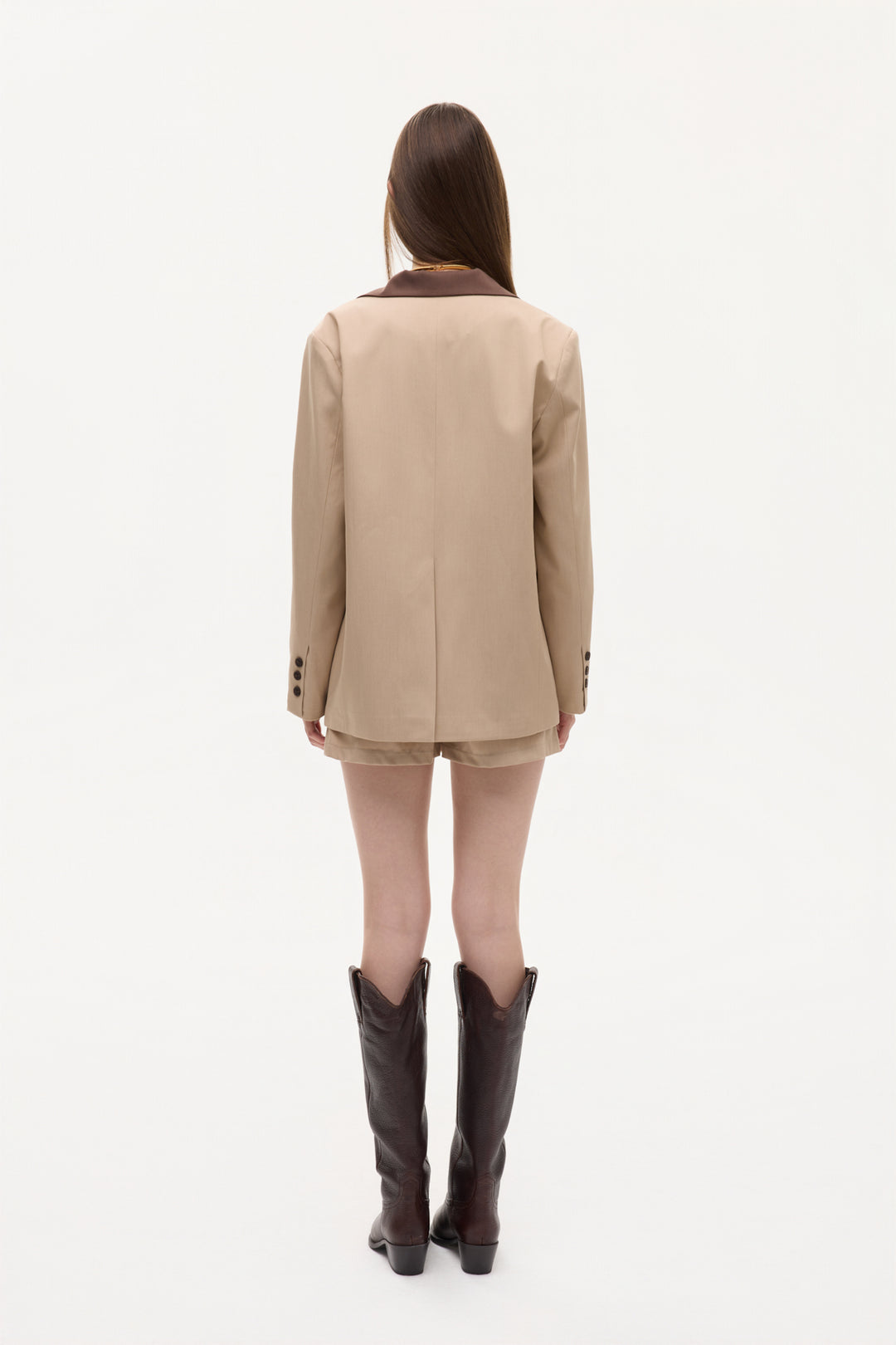Kontrast Yaka Mendil Garnili Oversize Blazer Ceket Bej