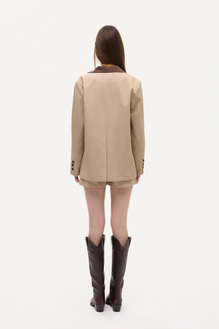 Kontrast Yaka Mendil Garnili Oversize Blazer Ceket Bej