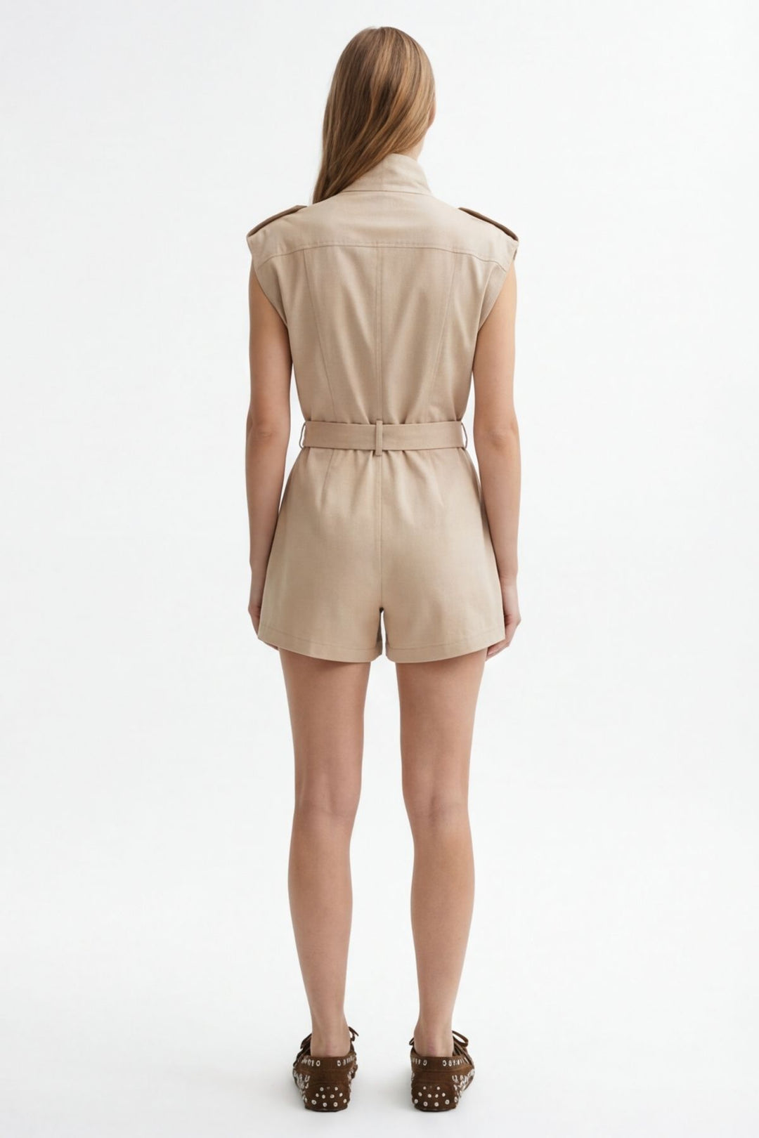 Asimetrik Yaka Kemerli Şort Tulum Bej