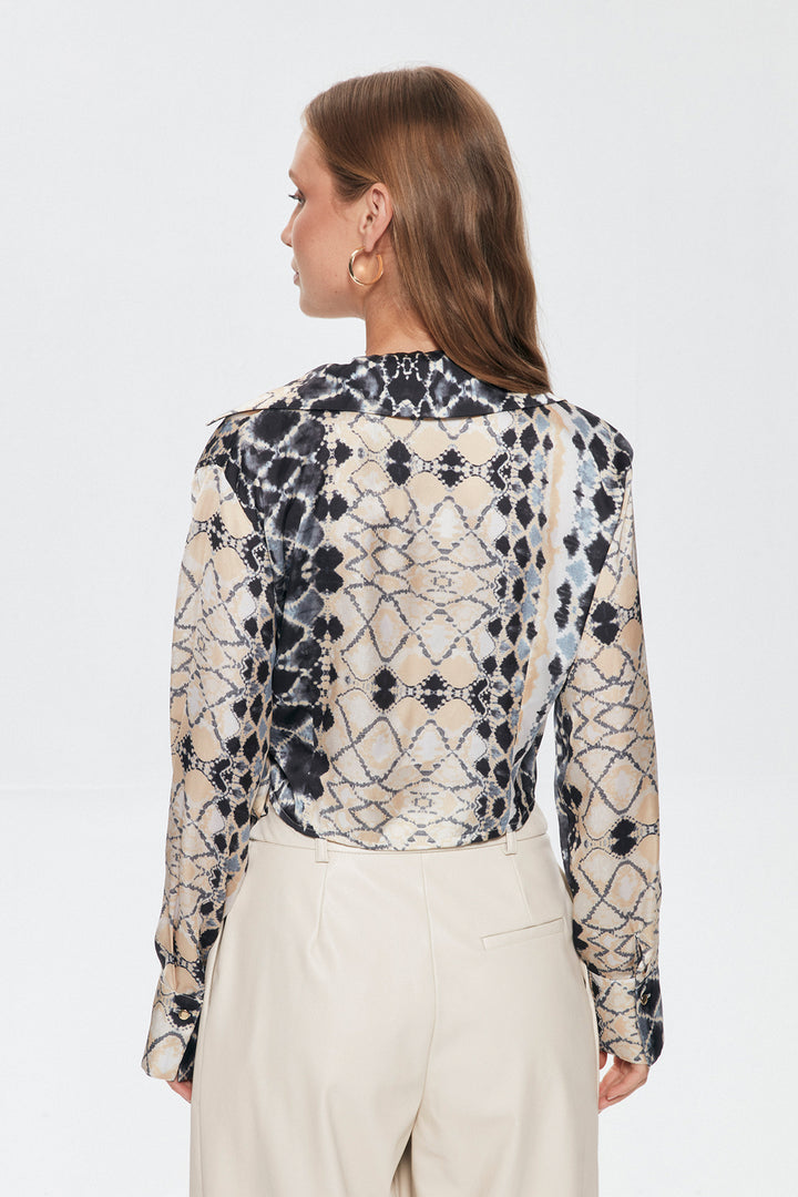 Patterned Double Breasted Satin Blouse Beige