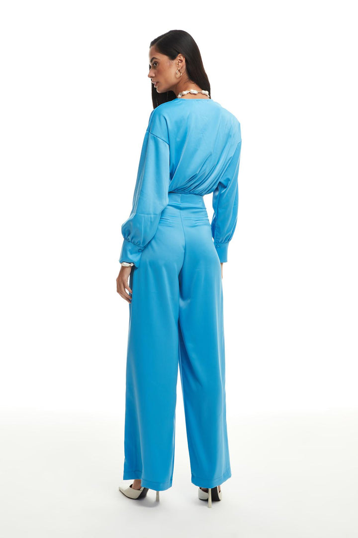 High Waist Satin Wide Leg Trousers Blue