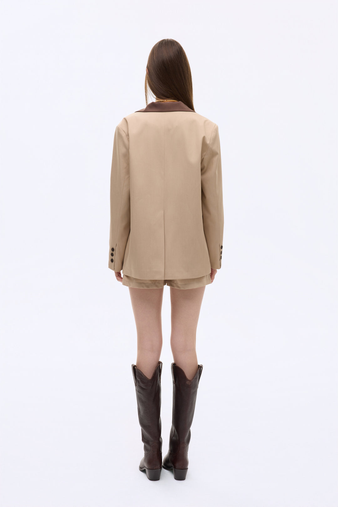 Kontrast Yaka Mendil Garnili Oversize Blazer Ceket Bej