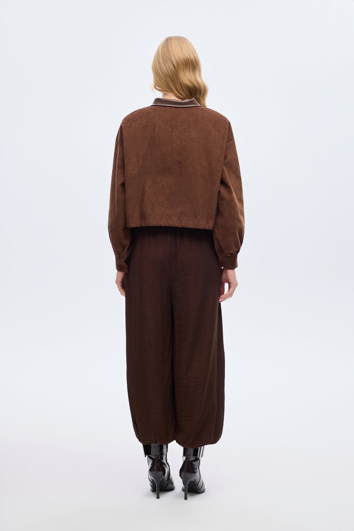 Deri Garnili Kadife Ceket Kahverengi