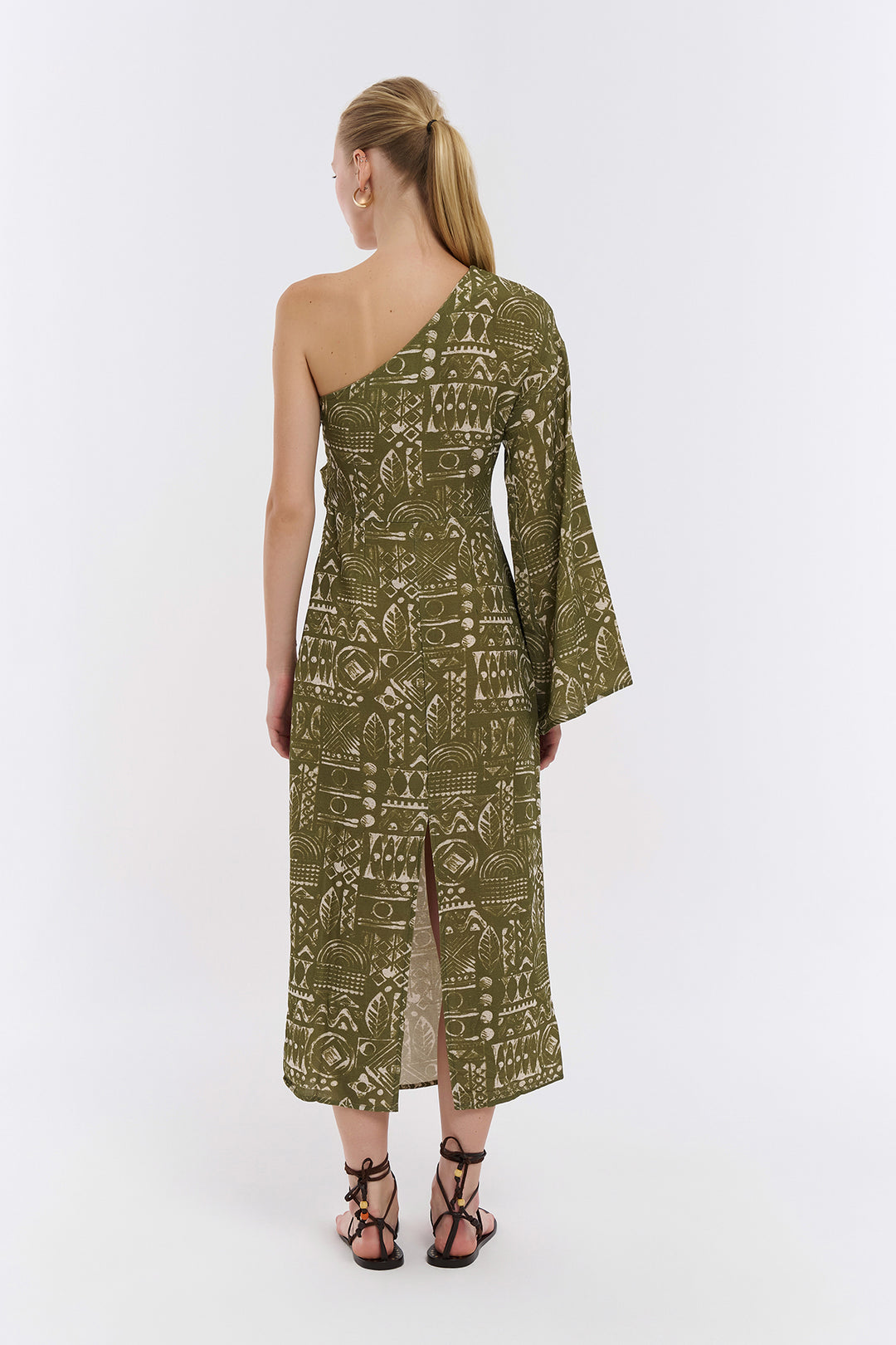 Tek Omuz Detaylı Desenli Midi Elbise Haki