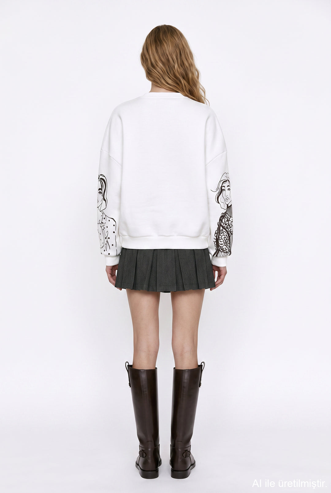 Portre Baskılı Bisiklet Yaka Sweatshirt Ekru