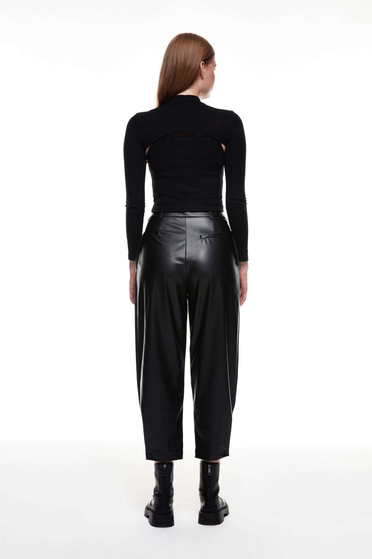 Button Detailed High Waist Leather Trousers Black