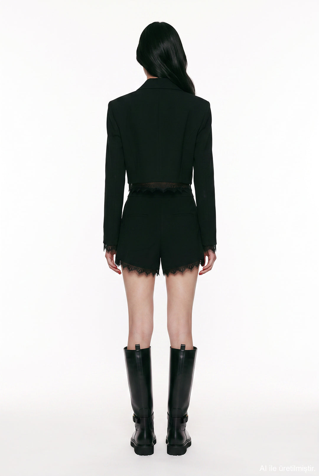 Dantel Garnili Crop Blazer Ceket Siyah