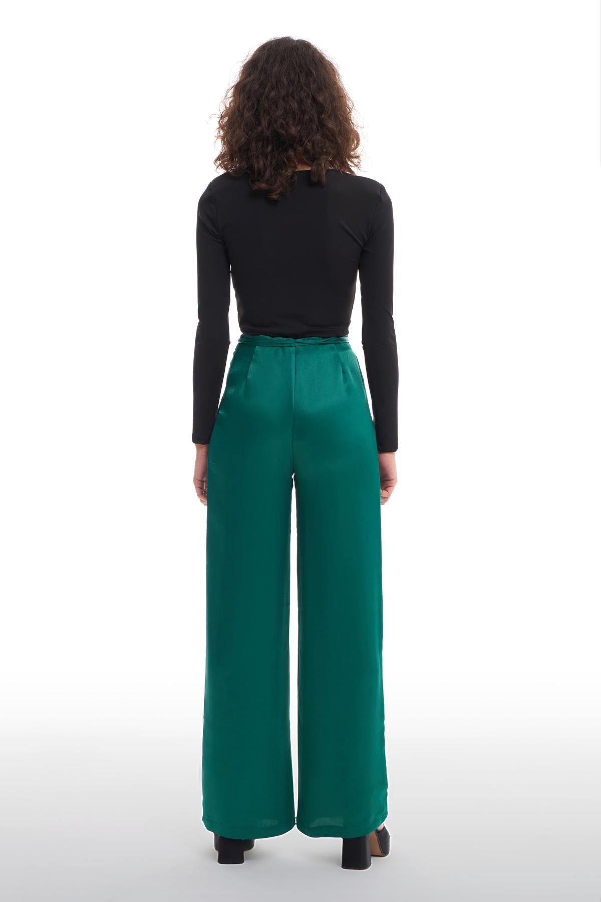 Wide Leg Satin Trousers Dark Green