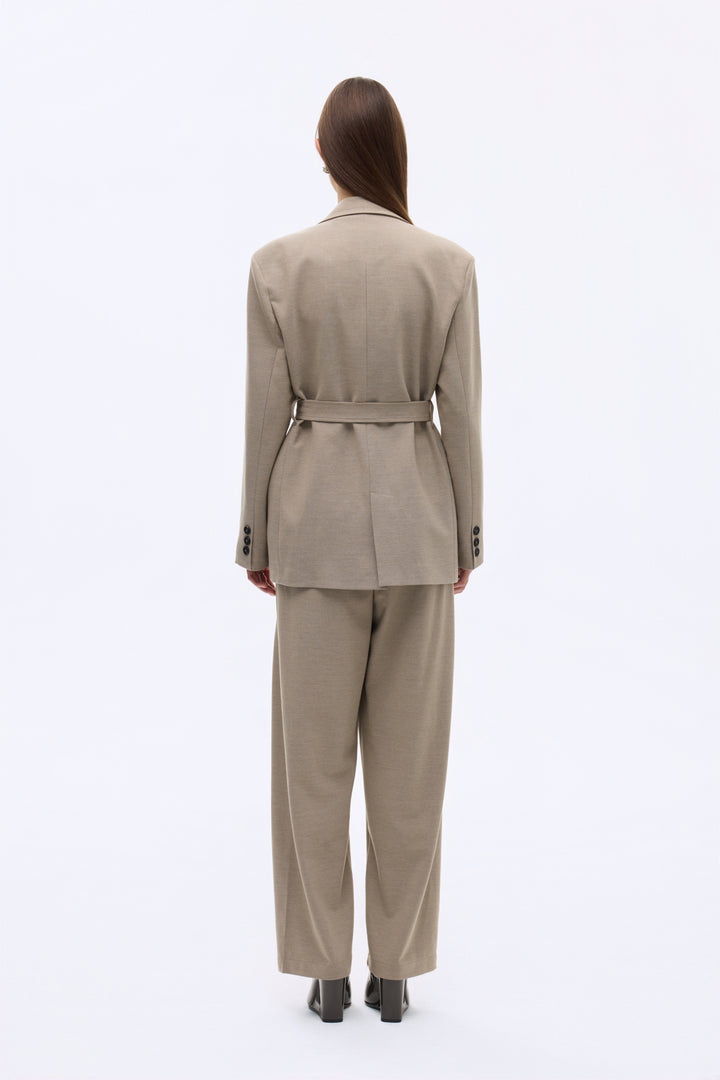 Kuşaklı Tek Düğmeli Oversize Blazer Ceket Vizon