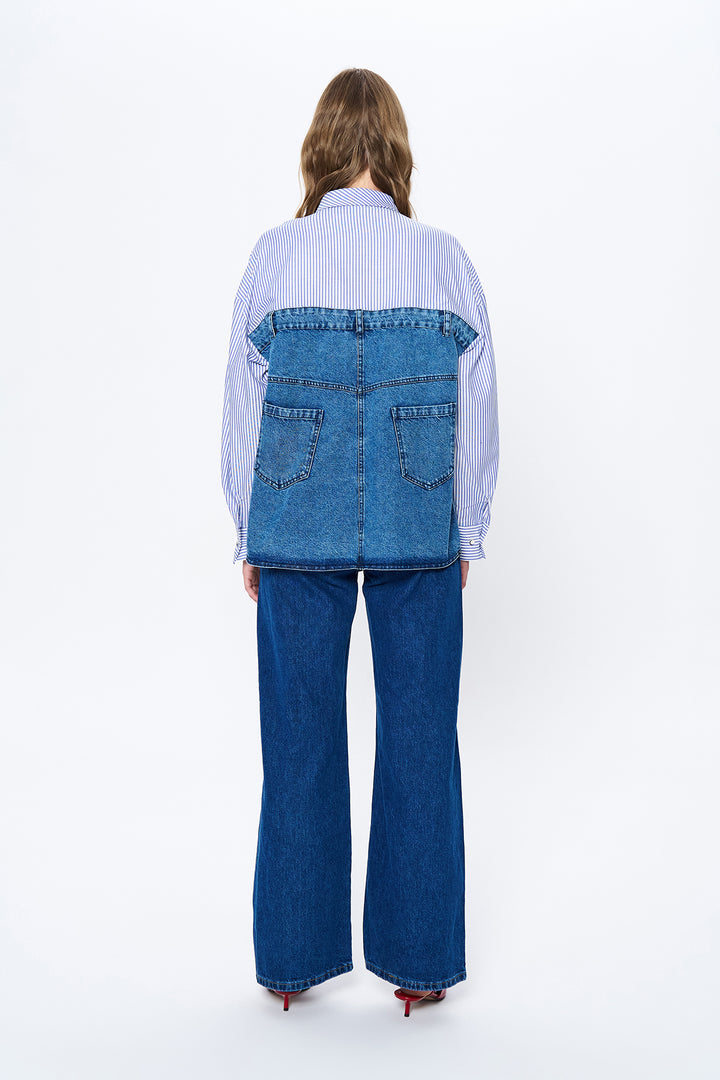 Çizgi Detaylı Denim Gömlek Mavi