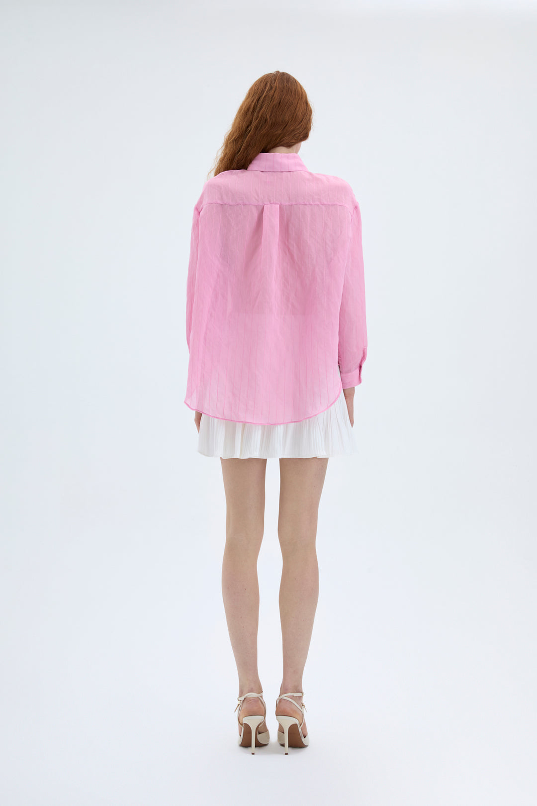 İnce Çizgili Düğmeli Oversize Gömlek Pembe