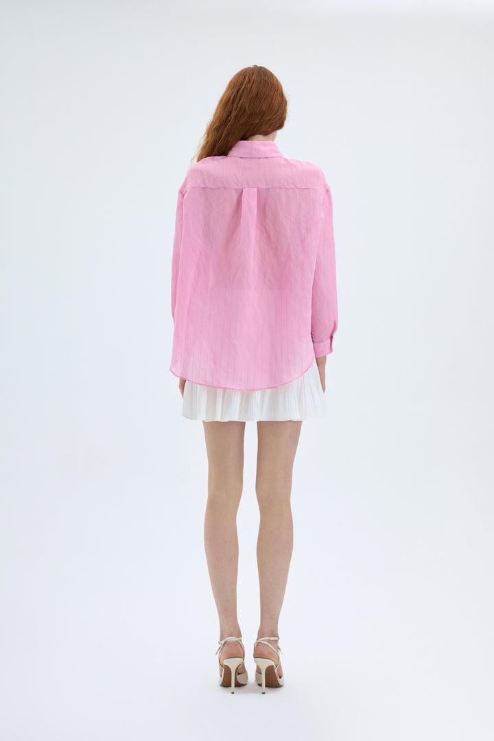 İnce Çizgili Düğmeli Oversize Gömlek Pembe