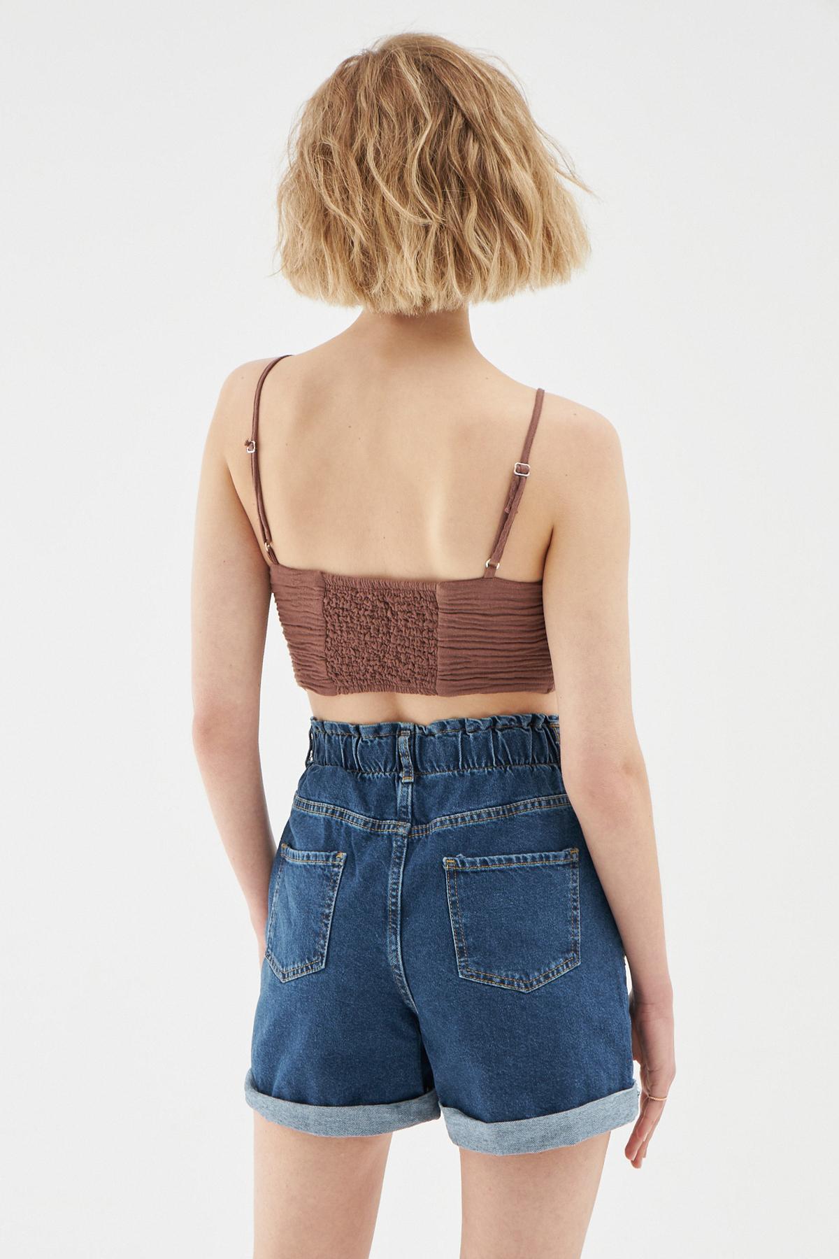 Ruffled Strap Crop Blouse Brown