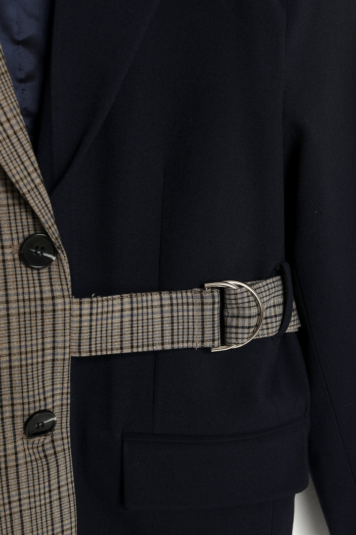 Ekose Garnili Kuşak Detaylı Oversize Blazer Ceket Lacivert