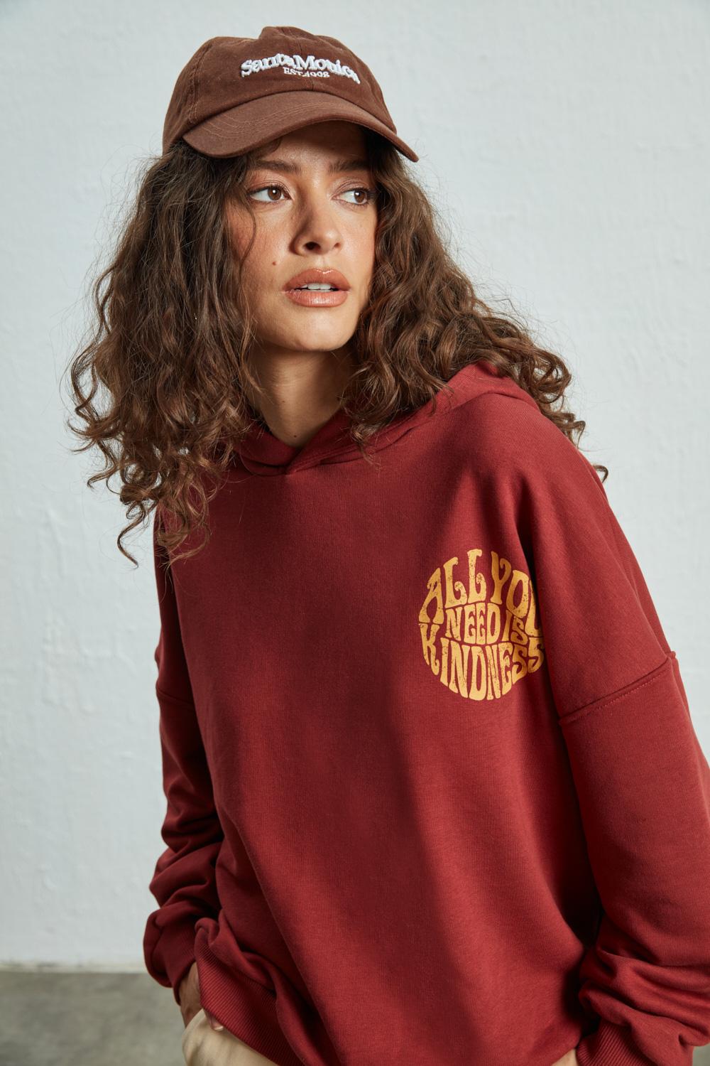 Sırt Baskılı Kapüşonlu Sweatshirt Kiremit
