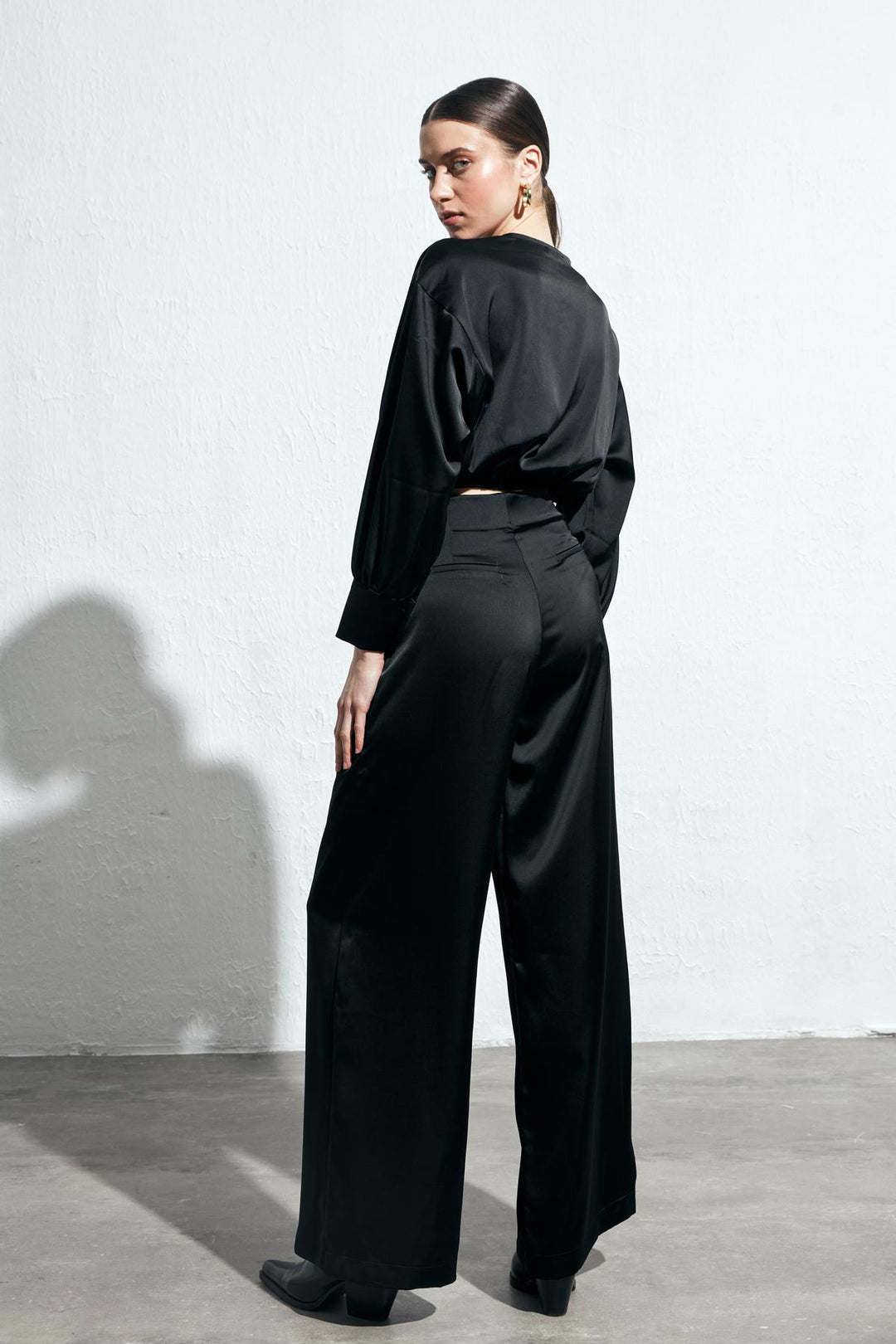 High Waist Satin Wide Leg Trousers Black