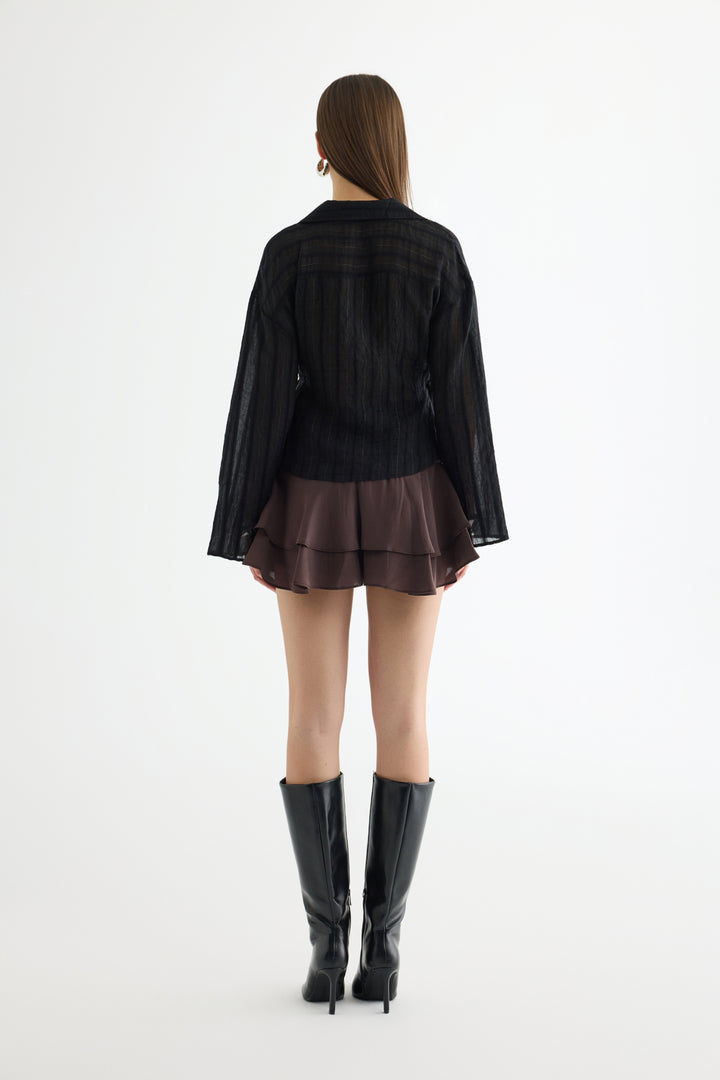 Anvelop Yaka Bağcıklı Tül Bluz Siyah