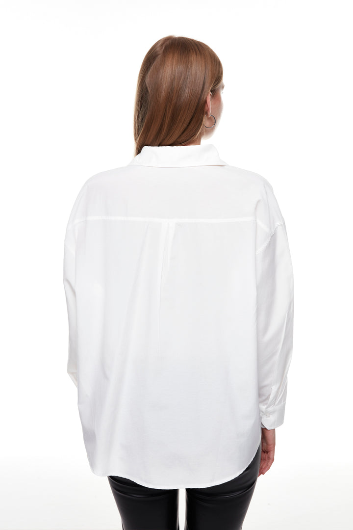 Renkli Yazı Desen Baskılı Gömlek Ekru