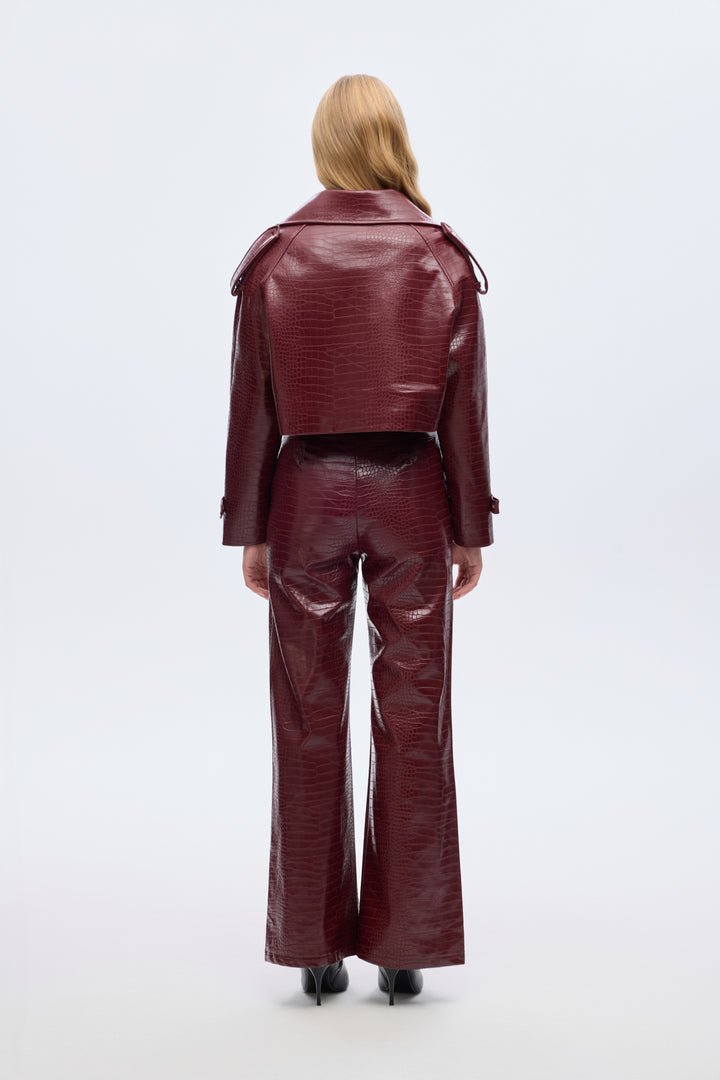 Kroko Desenli Crop Deri Ceket Mürdüm