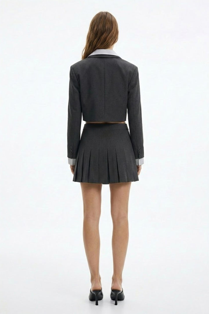 Gömlek Yaka Garnili Crop Blazer Ceket Antrasit