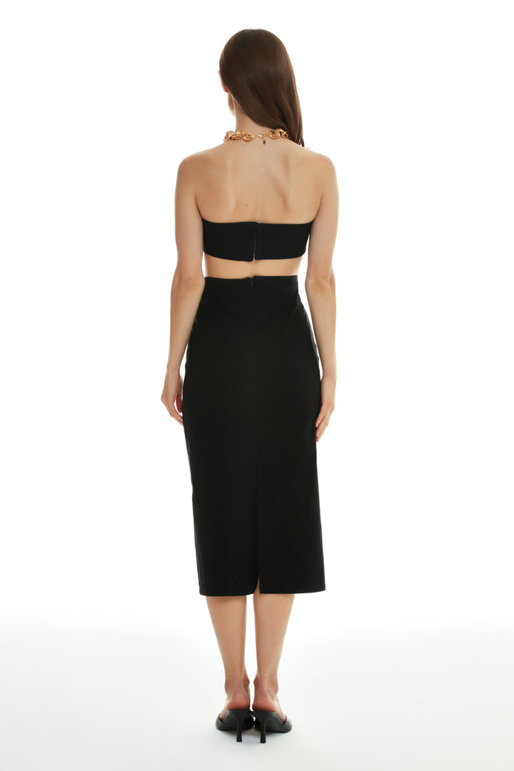 Cut Out Midi Boy Elbise Siyah