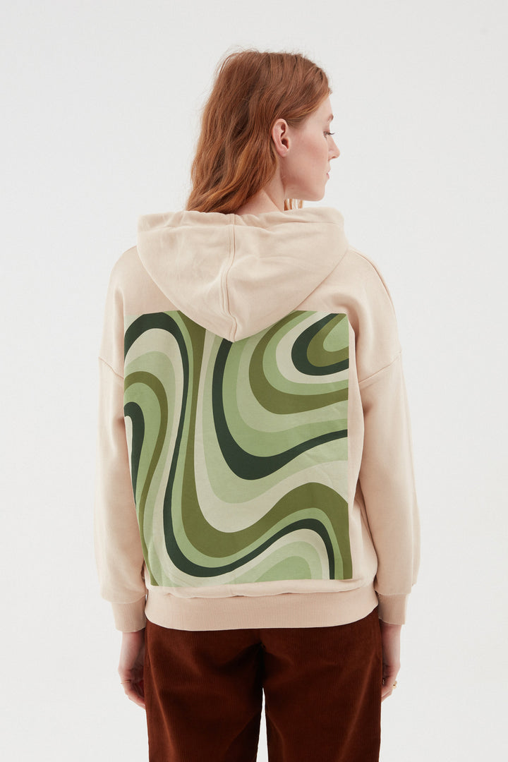 Sırtı Baskılı Kapüşonlu Sweatshirt Bej