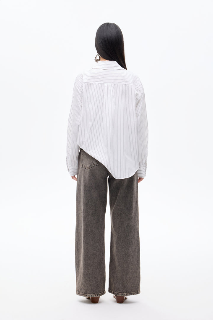 Asimetrik Kesim Çizgili Oversize Gömlek Beyaz