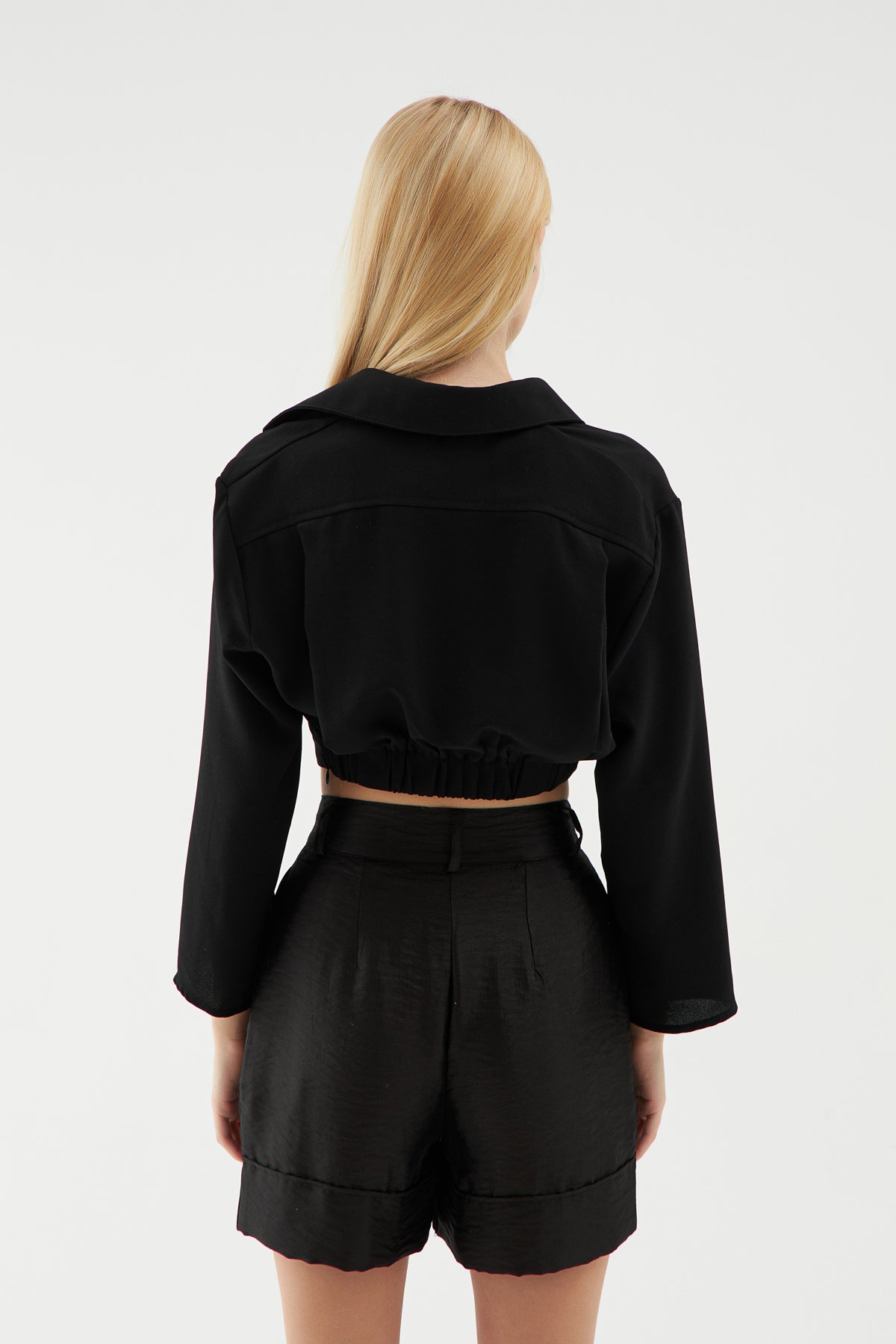 Elastic Waist Crop Shirt Black