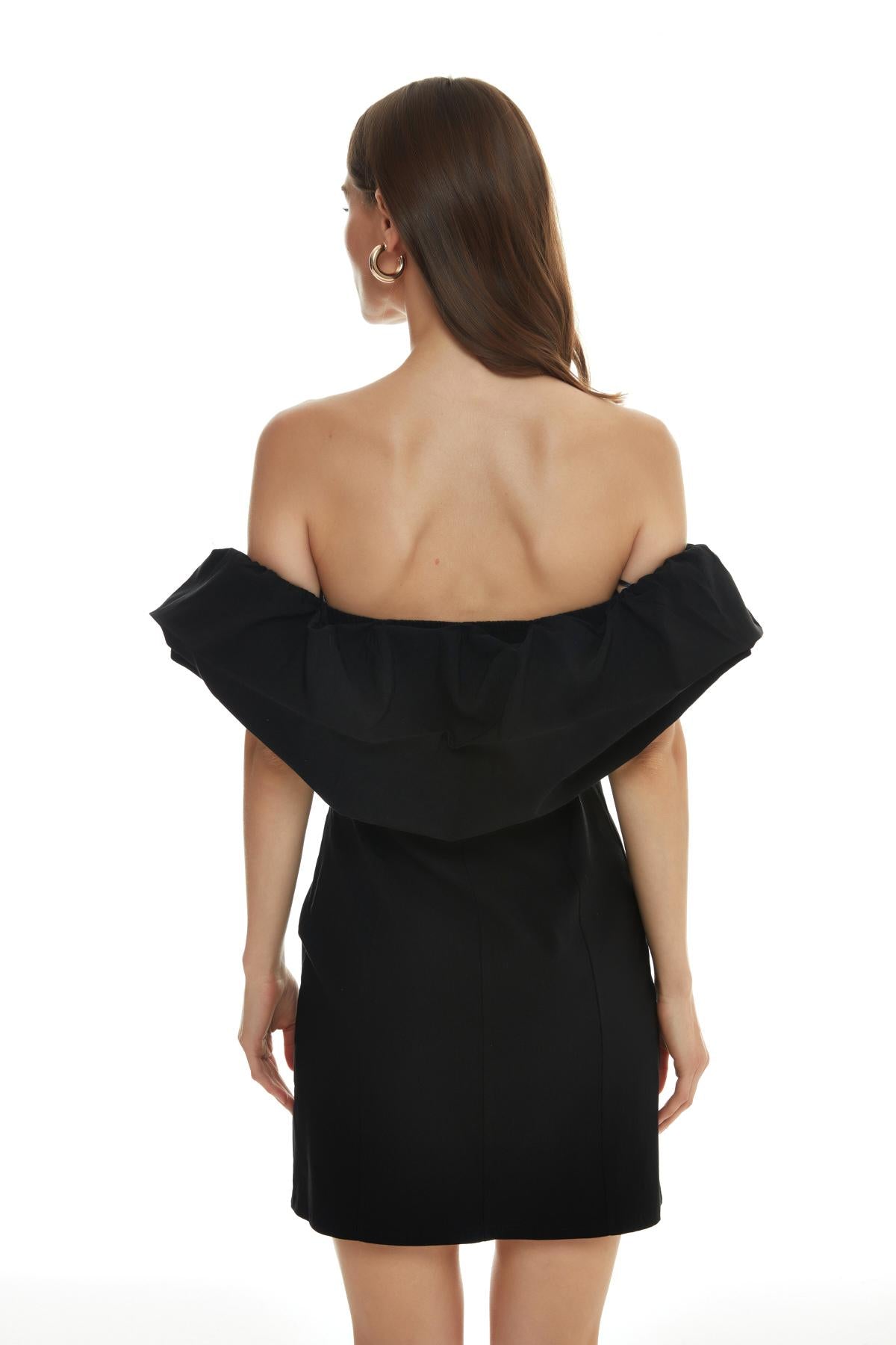 Frill Detailed Strapless Mini Dress Black