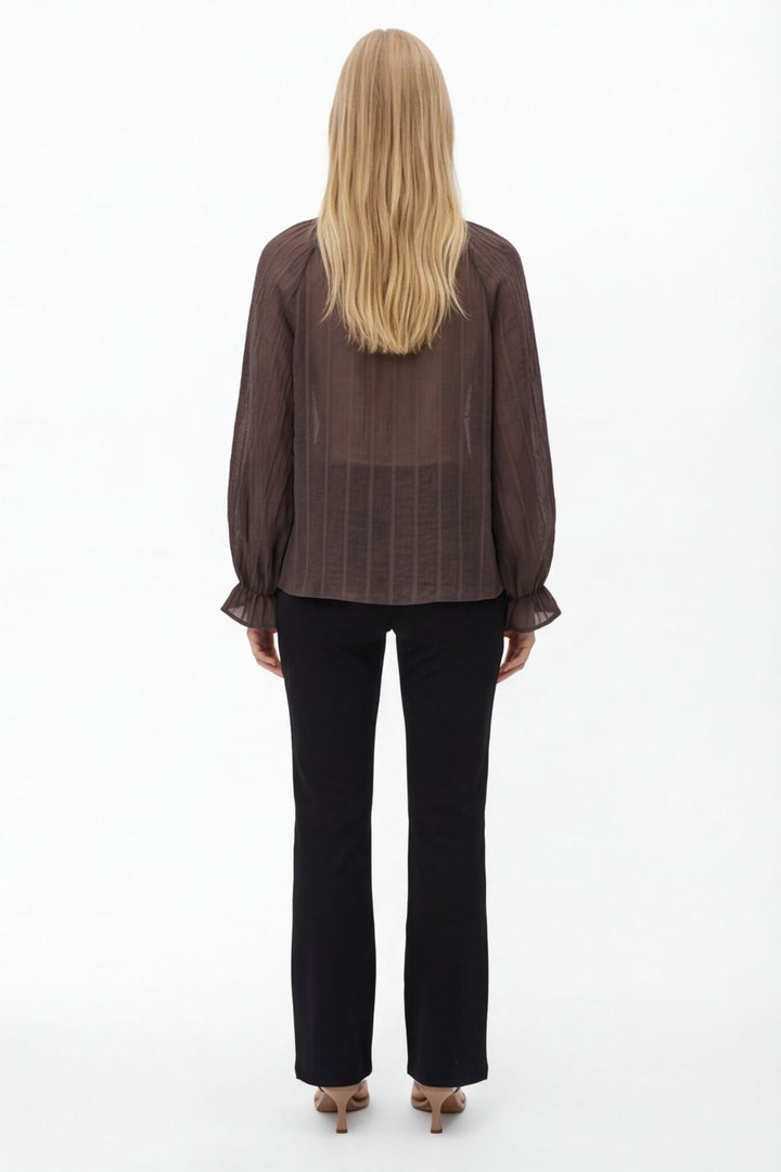 Yakası Bağlamalı Transparan Bluz Kahverengi